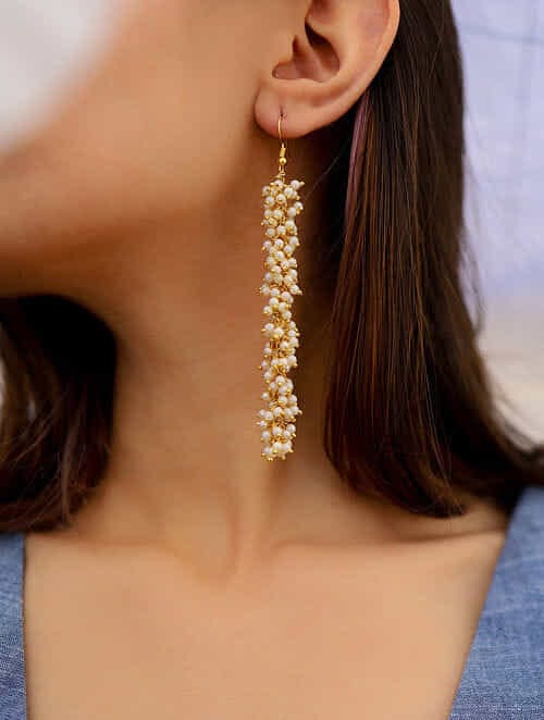 Dangler Earrings With Pearl Work In Mix Metal - Image 2