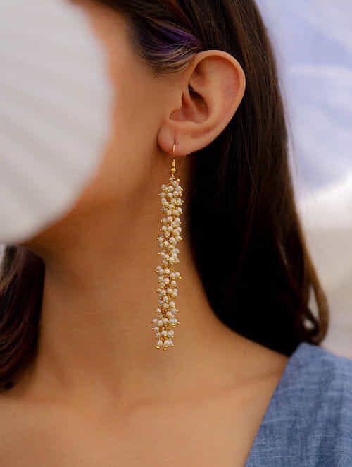 Dangler Earrings With Pearl Work In Mix Metal - Image 3