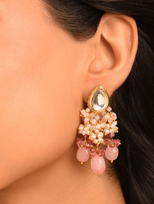 Dangler Earrings With Kundan Work In Mix Metal - Image 2