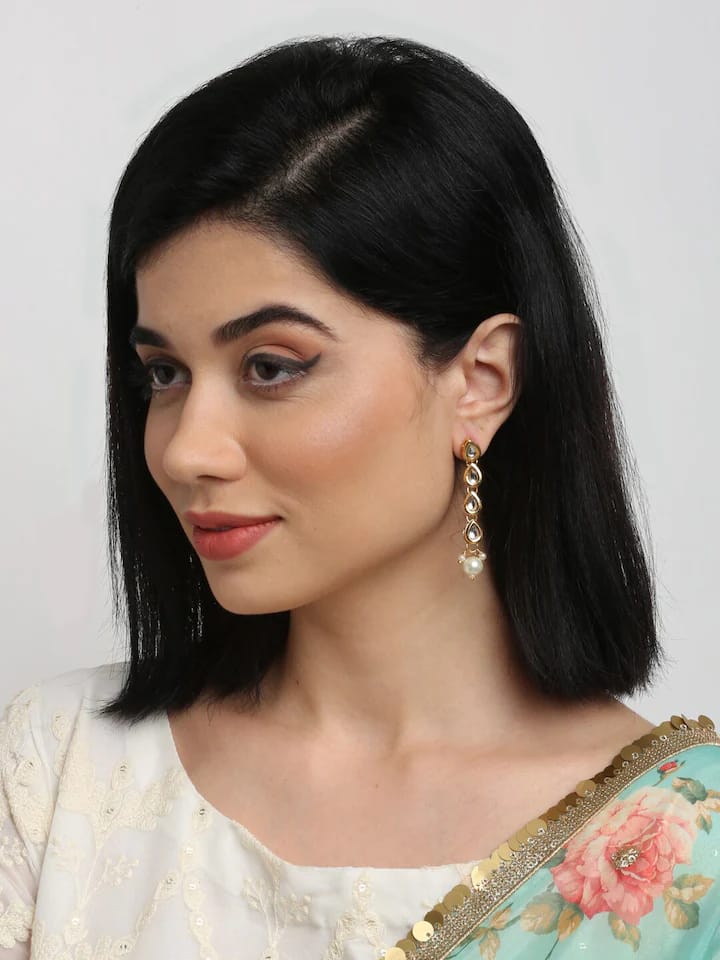 Dangler Earrings With Kundan Work In Mix Metal - Image 2