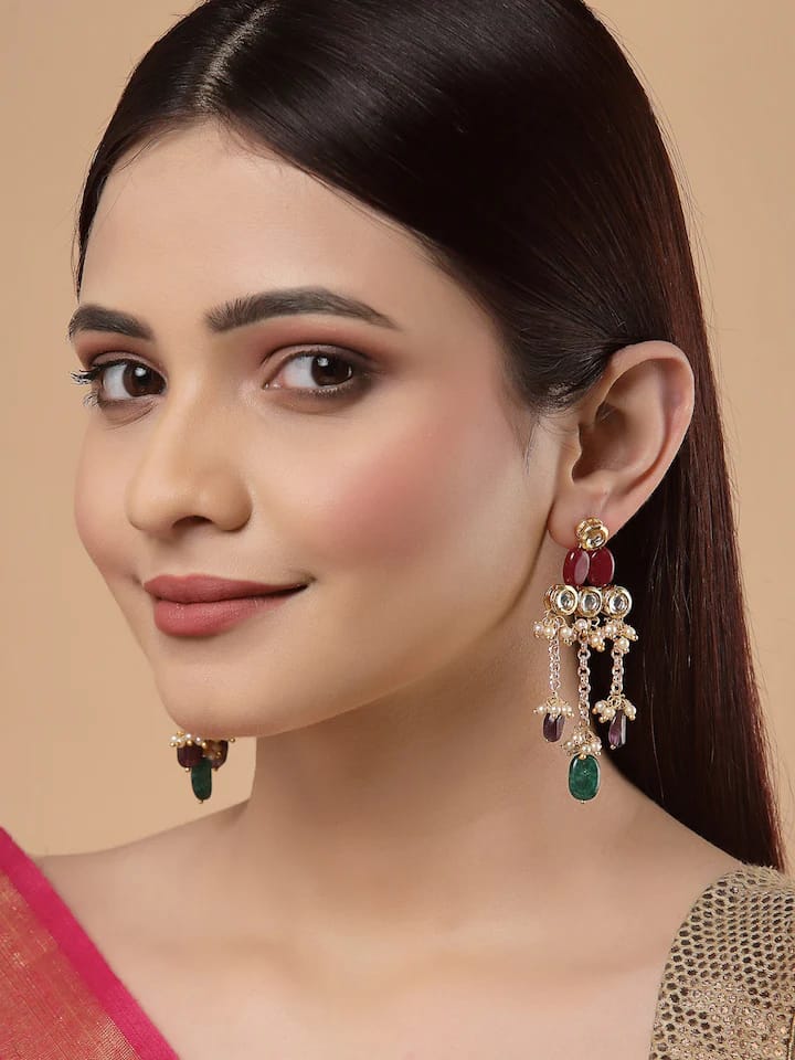 Dangler Earrings With Kundan Work In Mix Metal - Image 2