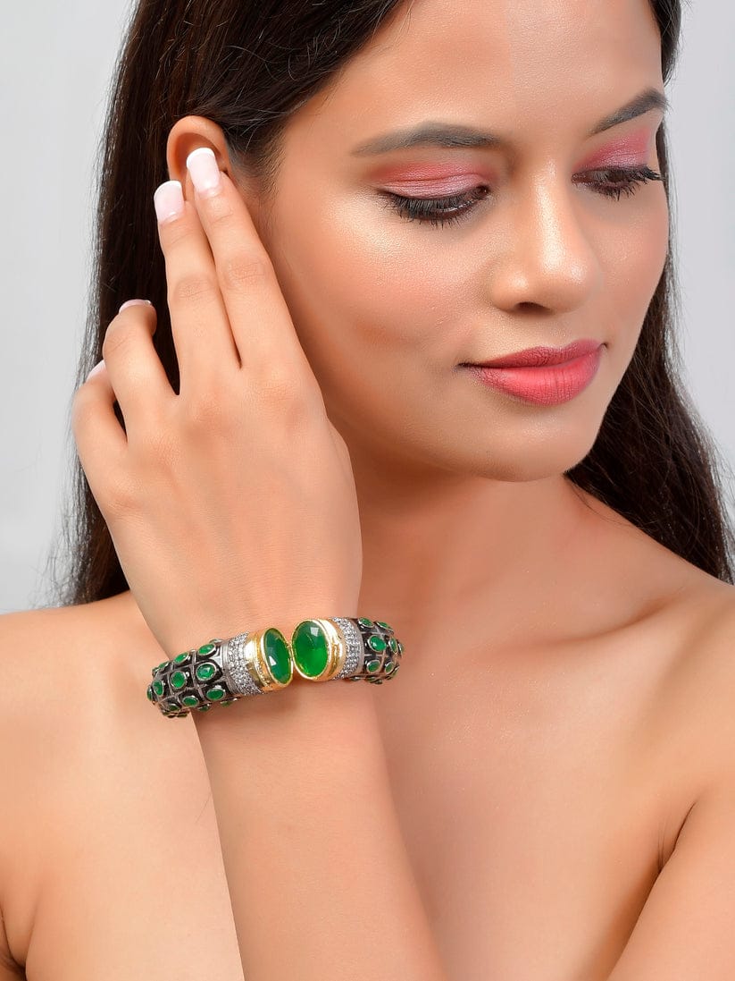 Gold Rodium Polish Green Openable Polki Bracelet Bangle (Pack Of 1) - Image 2