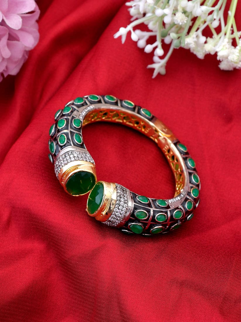 Gold Rodium Polish Green Openable Polki Bracelet Bangle (Pack Of 1)