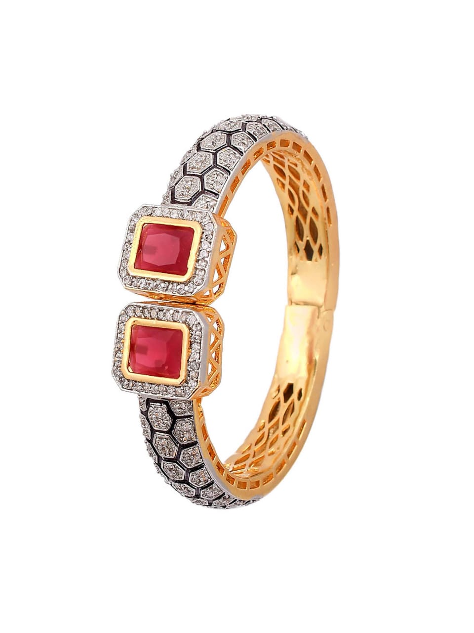 Gold Rodium Polish Red Openable Polki Bracelet Bangle - Image 6