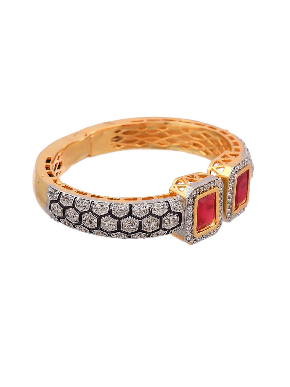 Gold Rodium Polish Red Openable Polki Bracelet Bangle - Image 5