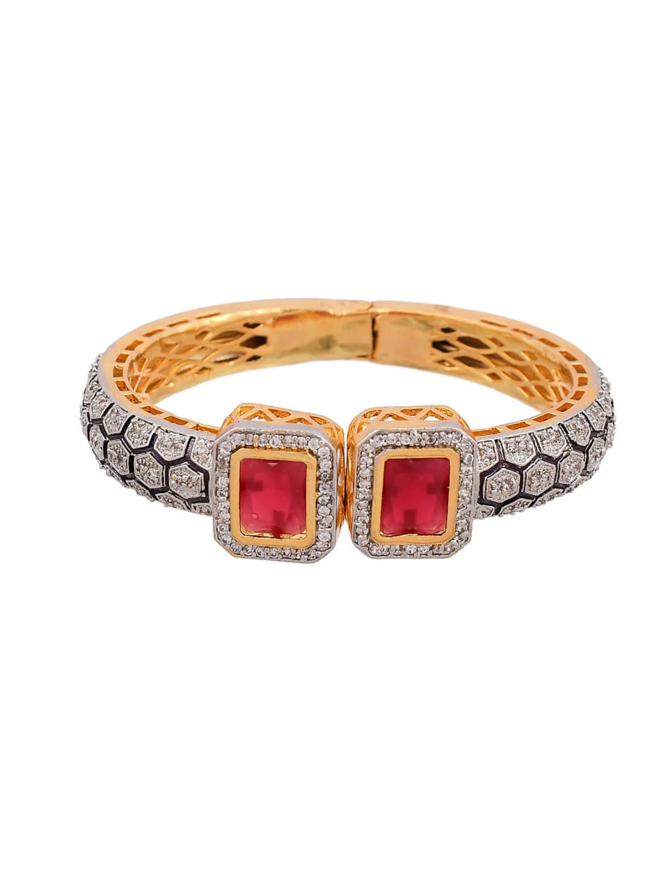 Gold Rodium Polish Red Openable Polki Bracelet Bangle - Image 3