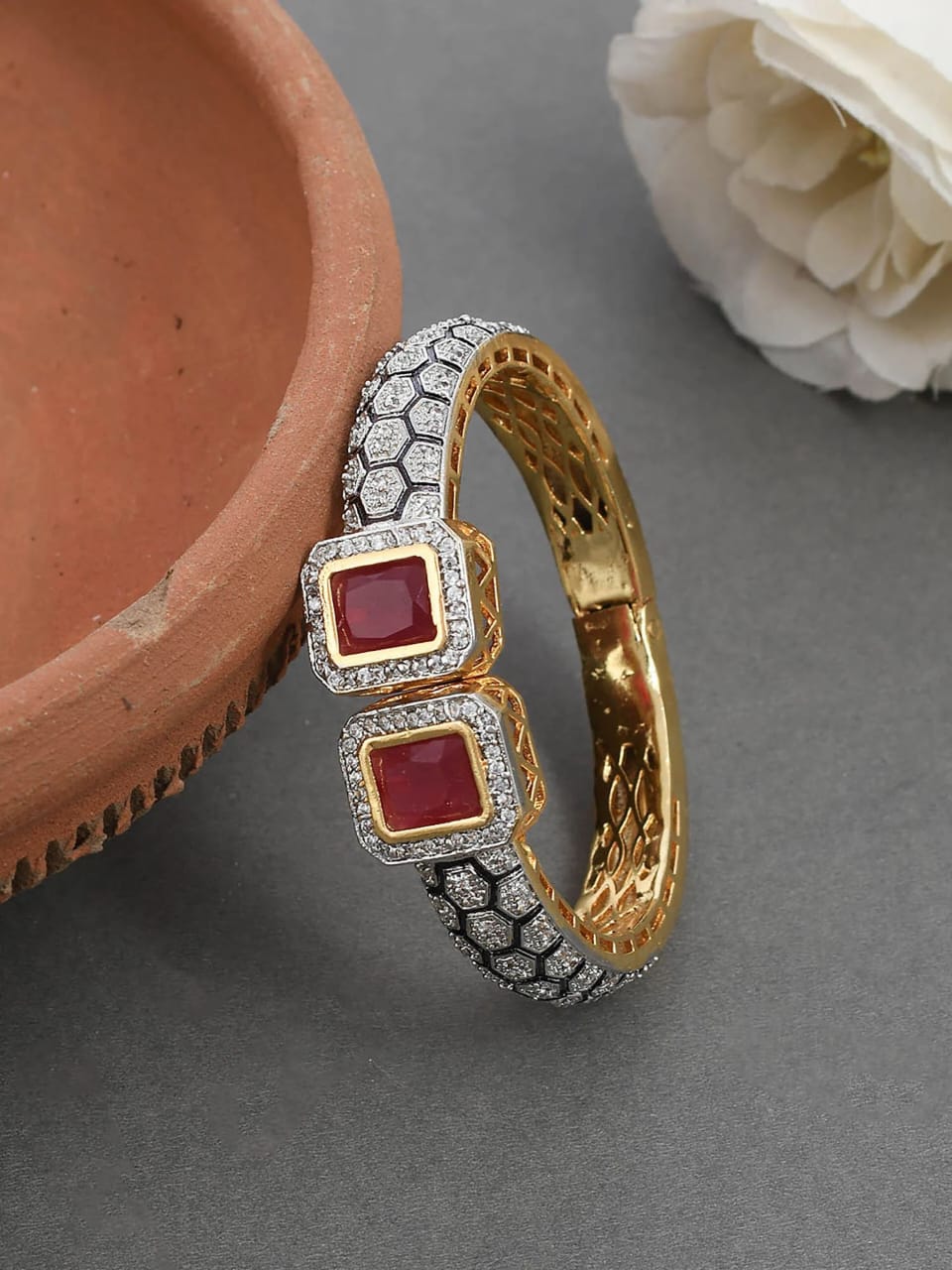 Gold Rodium Polish Red Openable Polki Bracelet Bangle