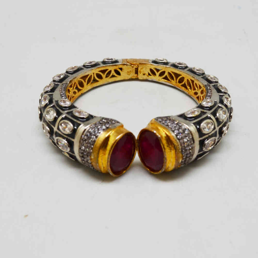Gold Rodium Polish Red Openable Polki Bracelet Bangle - Image 2