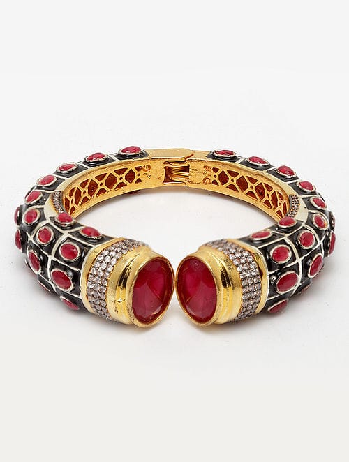 Gold Rodium Polish Red Openable Polki Bracelet Bangle - Image 3