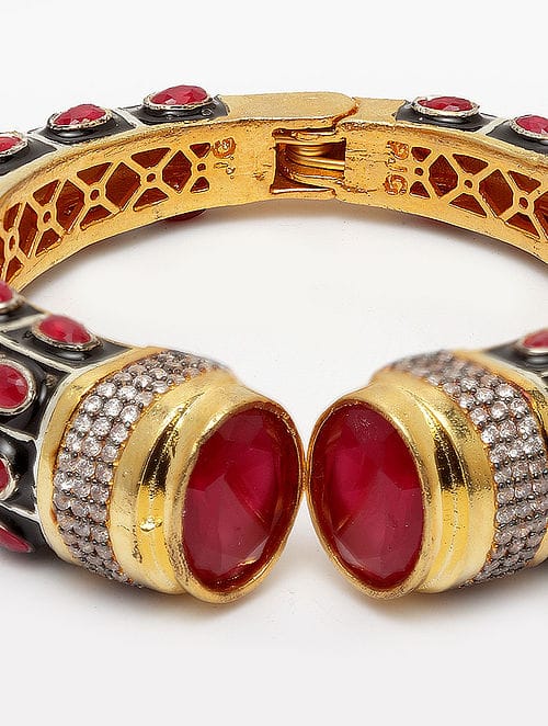 Gold Rodium Polish Red Openable Polki Bracelet Bangle - Image 5