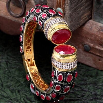 Gold Rodium Polish Red Openable Polki Bracelet Bangle