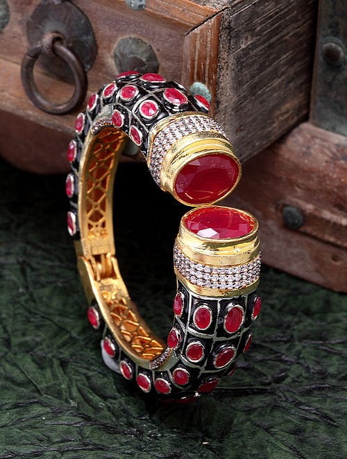 Gold Rodium Polish Red Openable Polki Bracelet Bangle