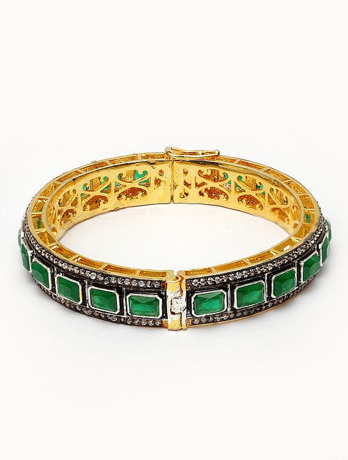 Gold Rodium Polish Green Openable Polki Bracelet Bangle - Image 2