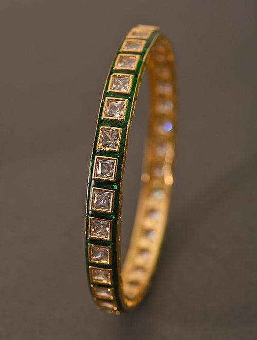 Gold Finish Green Enamelled & Kundan Polki Bangles (Set of 2) - Image 5