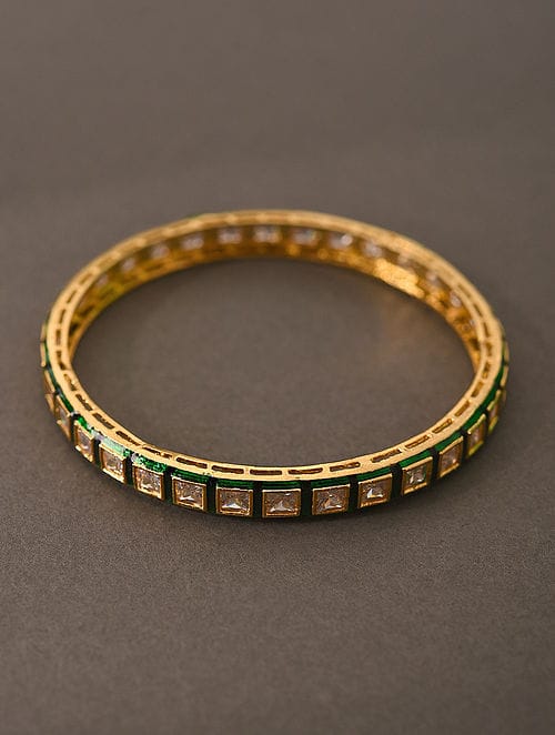 Gold Finish Green Enamelled & Kundan Polki Bangles (Set of 2) - Image 6