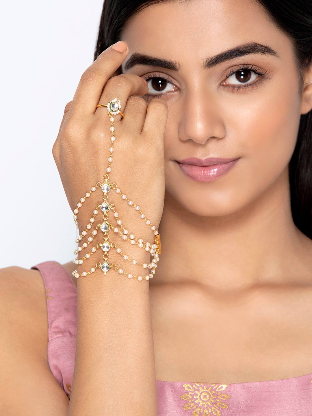 Gold Tone Adjustable Kundan Hathphool (Pack Of 2) - Image 2