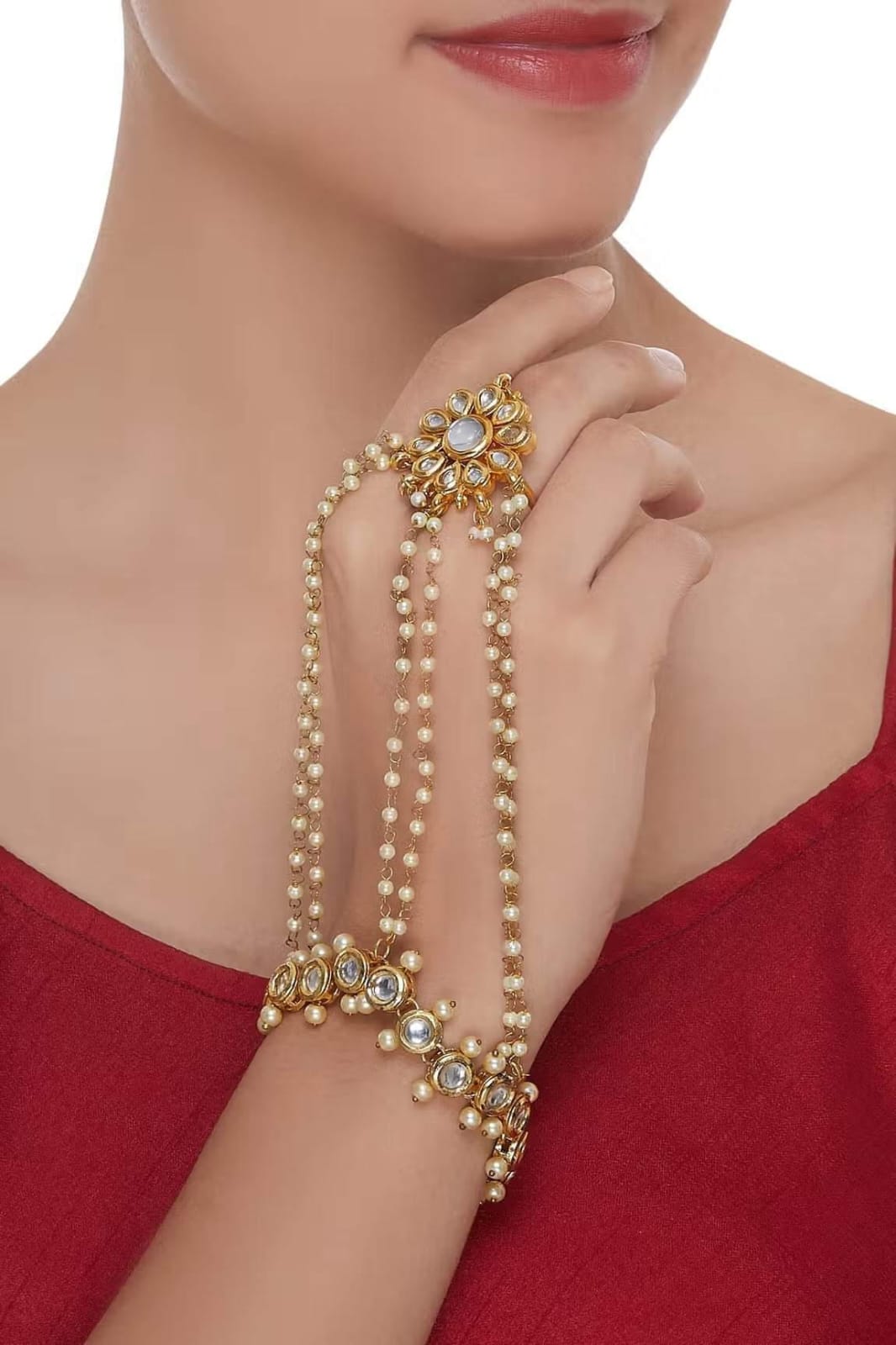 Gold Tone Adjustable Kundan Hathphool (Pack Of 2) - Image 3