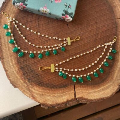 Gold Finish Green Drop Ear Chain