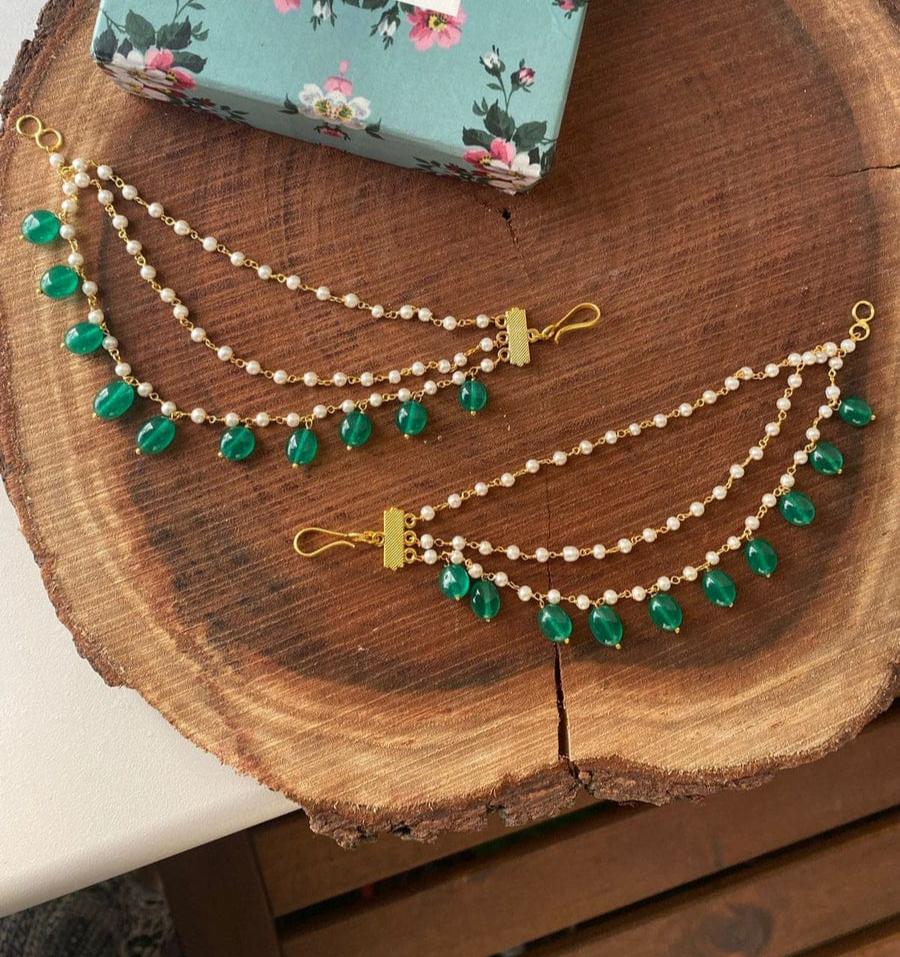 Gold Finish Green Drop Ear Chain
