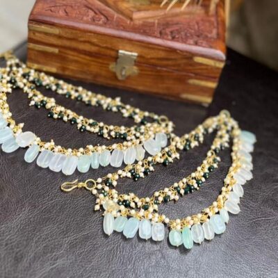 White Pearl Ear Chain With Aqua Blue Beads