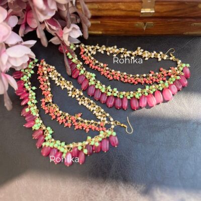 White Pearl Ear Chain With Maroon Beads