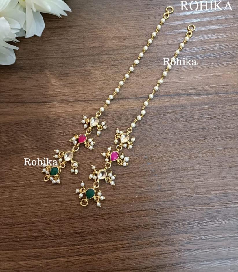 Red Green Pachi Kundan Ear Chain