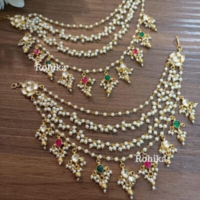 Red Green Pachi Kundan Ear Chain