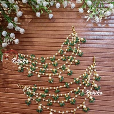 White Pearl Ear Chain With Green Beads