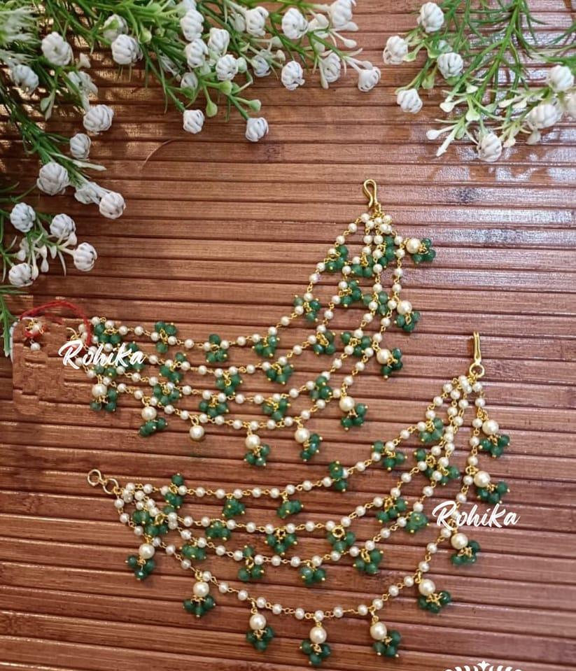 White Pearl Ear Chain With Green Beads