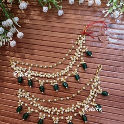 White Pearl Ear Chain With Green Beads
