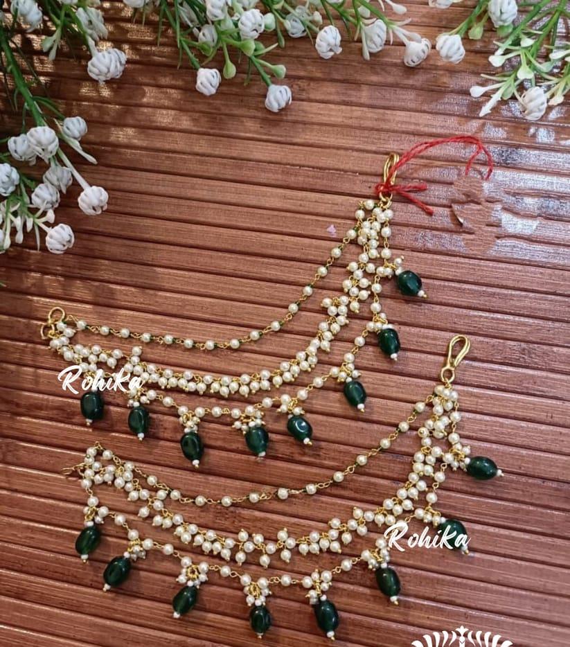 White Pearl Ear Chain With Green Beads