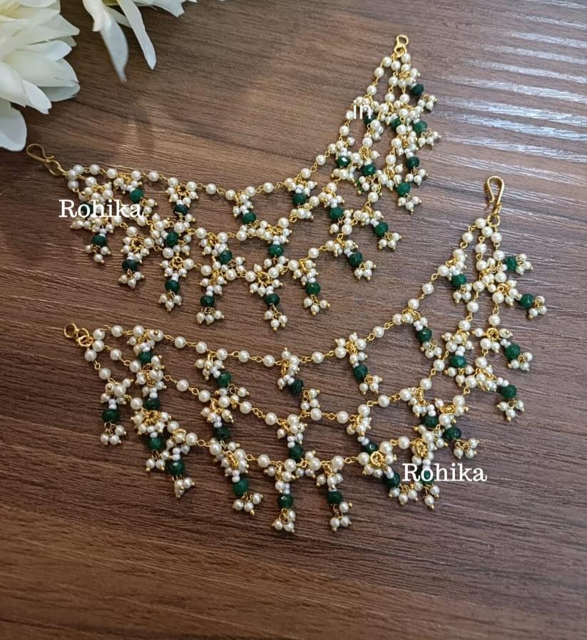 White Pearl Ear Chain With Green Beads