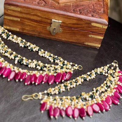White Pearl Ear Chain With Rani Beads