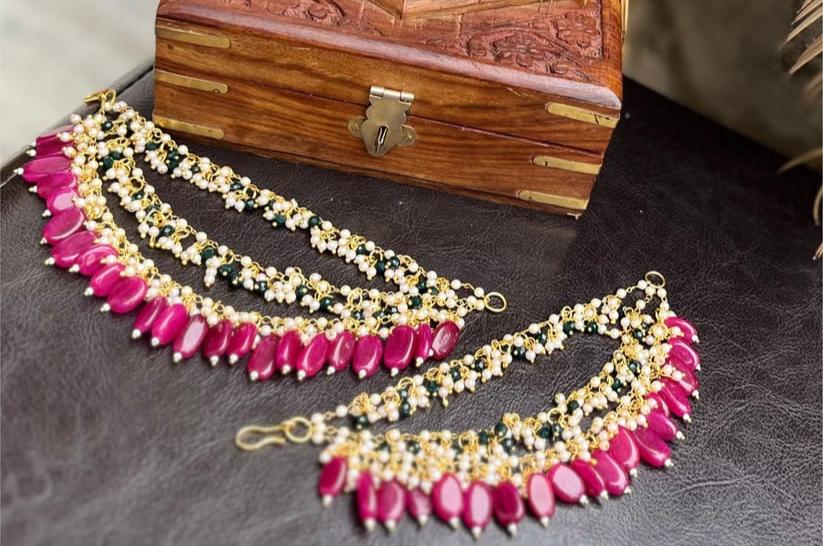 White Pearl Ear Chain With Rani Beads