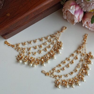 White Pearl Ear Chain With Kundan