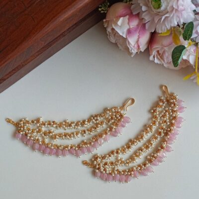 White Pearl Ear Chain With Pink Beads