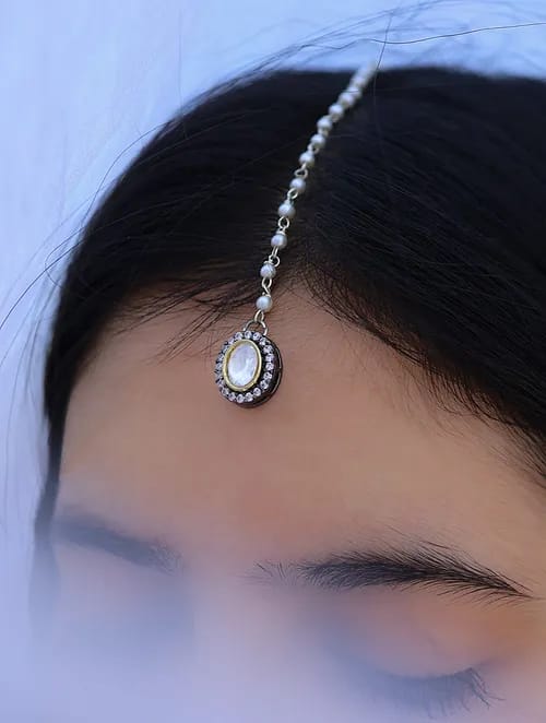 Gold Finish Moissanite Polki & Pearl Maangtikka - Image 3