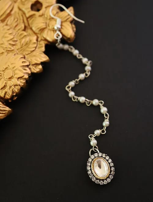 Gold Finish Moissanite Polki & Pearl Maangtikka