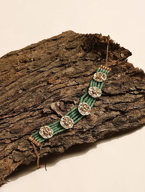 Gold Finish Moissanite Polki & Pearl Mathapatti