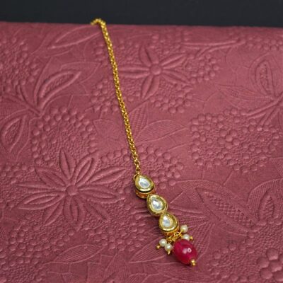 Gold Finish Moissanite Polki & Pearl Maangtikka