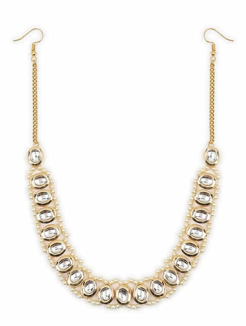 Gold-Plated White Kundan-Studded & Pearl Beaded Hair Band Mathapatti - Image 3