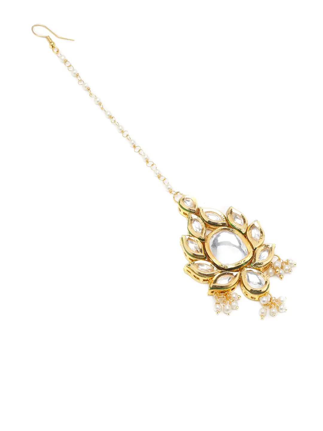 Gold Finish White Kundan Maangtika - Image 3