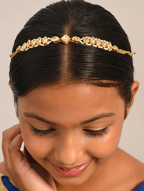 Gold-Plated Pearl & Kundan Studded Mathapatti