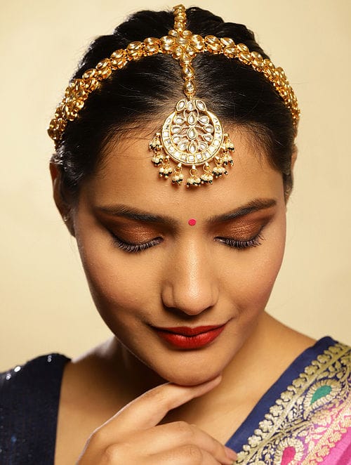 Gold-Plated Pearl & Kundan Studded Mathapatti - Image 2