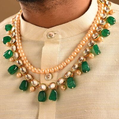Men's Gold-Plated White & Green Layered Groom Necklace