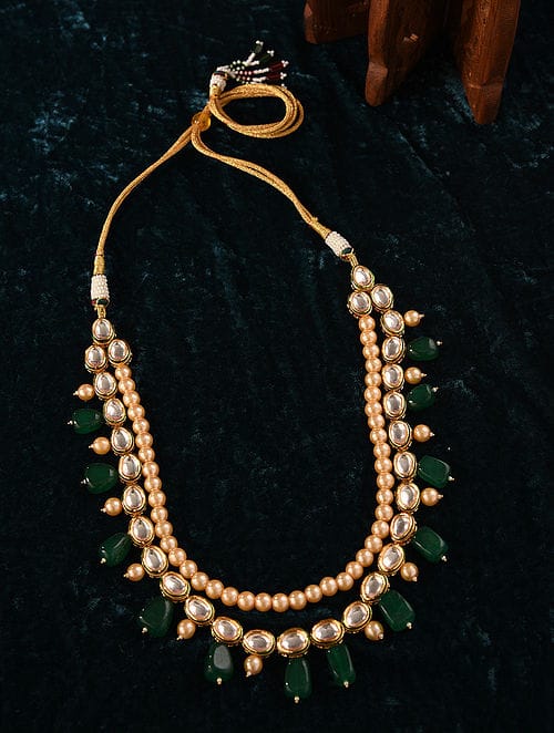 Men's Gold-Plated White & Green Layered Groom Necklace - Image 2