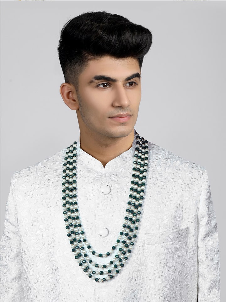 Men's Gold-Plated White & Green Layered Groom Necklace