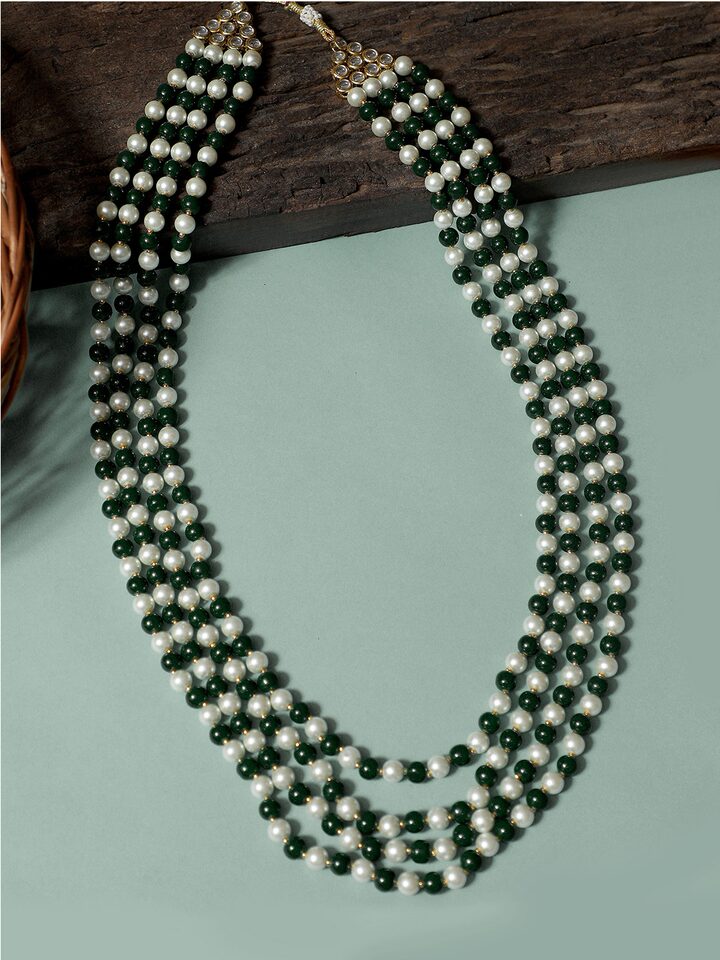 Men's Gold-Plated White & Green Layered Groom Necklace - Image 2