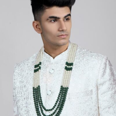 Men's Gold-Plated White & Green Layered Groom Necklace