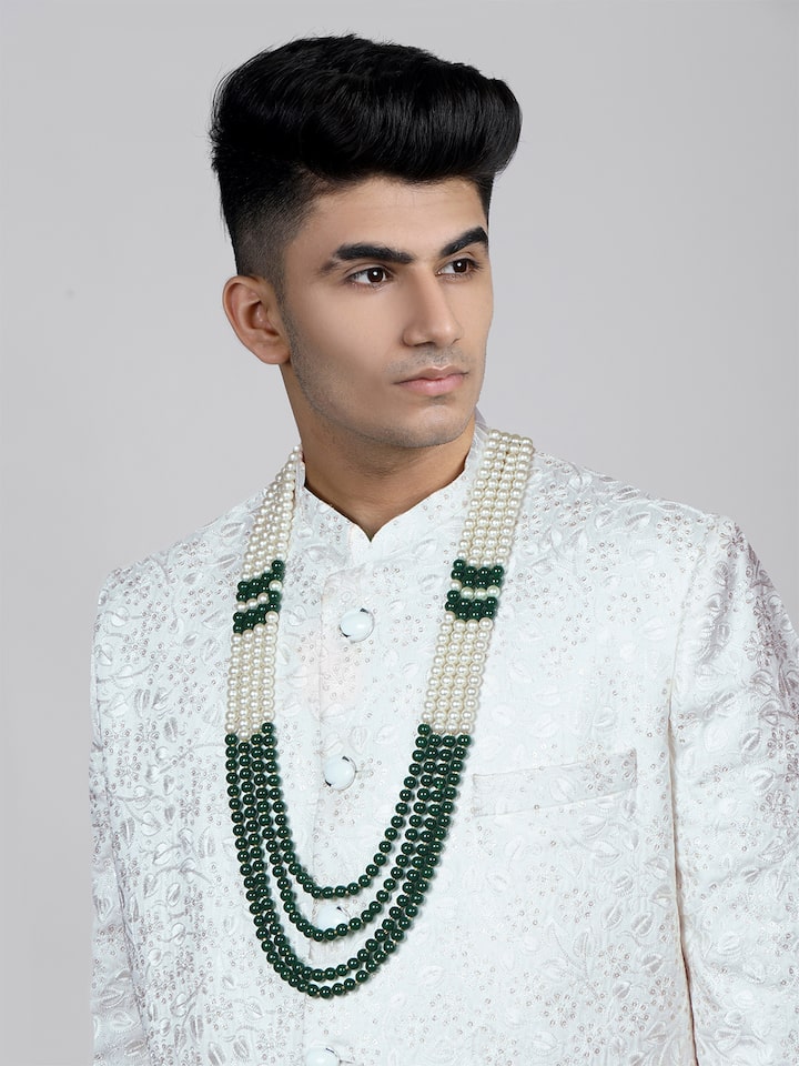Men's Gold-Plated White & Green Layered Groom Necklace